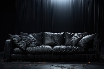 Black leather and a large sofa on a black background.