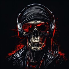 Human skull in a bandana and headphones. Hard rock, metal, playlist cover.
