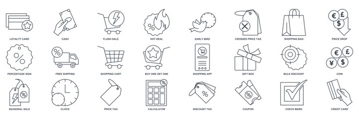 Discount icon set, Included icons as Price Tag, Early Bird, Shopping Bag, Credit Card and more symbols collection, logo isolated vector illustration