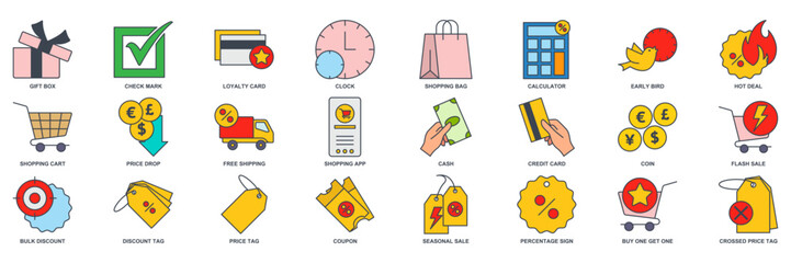 Discount icon set, Included icons as Price Tag, Early Bird, Shopping Bag, Credit Card and more symbols collection, logo isolated vector illustration © keenan