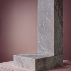 Product display square pink marble podium, stone geometric stand pedestal, blank minimalistic backdrop, elegant  pastel background with platform for cosmetics, jewellery. Generative AI.