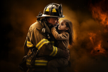 Brave firefighter carrying child girl providing rescue operation. Generative AI - obrazy, fototapety, plakaty