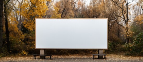 Autumnal urban park features large empty banner for mockup with white space