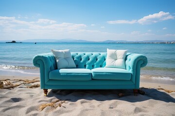 Fototapeta na wymiar Blue sofa on the seashore