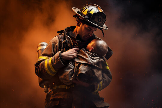 Brave firefighter carrying young child providing rescue operation. Generative AI