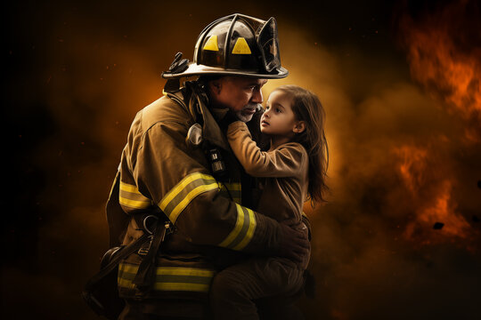 Brave firefighter carrying child girl providing rescue operation. Generative AI