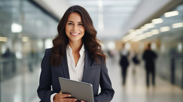 photo of portrait of a woman with long dark hair, wearing a gray suit jacket over a white blouse, stands smiling and looking directly at the camera, holding a digital tablet in her left hand while ges