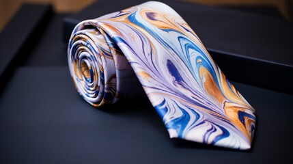 A luxury silk tie, its pattern and colors vibrant, draped elegantly on a white hanger.