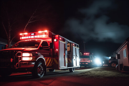 Ambulance car of emergency medical service on night street. Generative AI