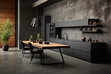 Kitchen-living room in dark gray tones with modern and new furniture.