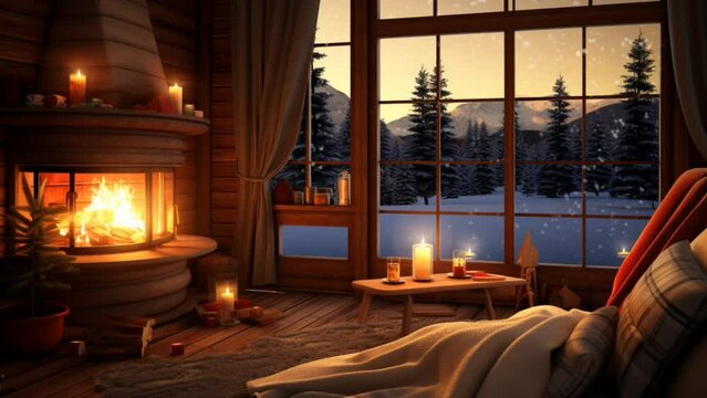 cozy cabin in winter and snowfall. seamless time-lapse virtual 4k video animation background. Generated with AI
