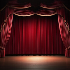 Empty concert stage with red drapery curtains. Generative AI