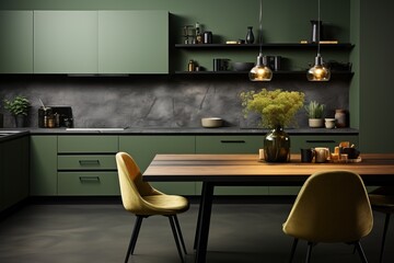 Kitchen-living room or studio kitchen in olive color, a popular kitchen color.