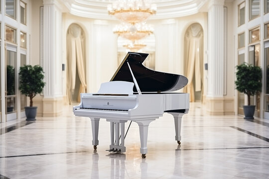 Elegant white grand piano in luxury concert hall. Generative AI