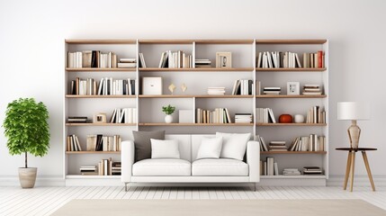 A minimalist white bookshelf, neatly organized with books and decor, embodying the harmony of a well-curated home library.