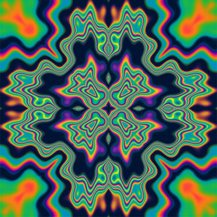 Abstract Kaleidoscopic geometric pattern. Hypnotic background in neon psychedelic acid rainbow colors.