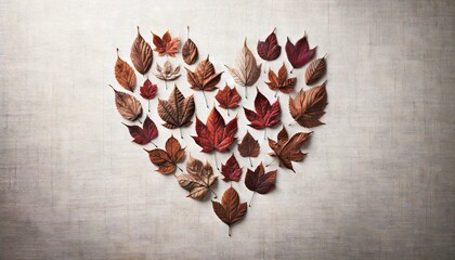 Dried autumn leaves carefully arranged in the shape of a heart on a white canvas background