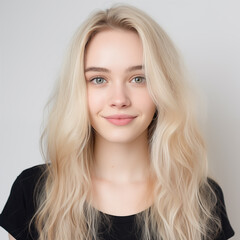 Young teenage blond woman with smiling face portrait. Generative AI
