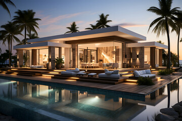 Fototapeta premium Exterior of amazing modern minimalist cubic villa with large swimming pool among palm trees. ai generated