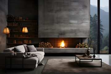 Minimalist style interior design of modern living room with fireplace and concrete walls. ai generated