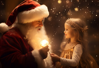 Santa Claus gives a gift to a little girl - a magic wand with a fire. The atmosphere of a fairy tale, mystery, goodness - 683420163