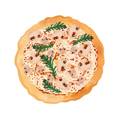 Pizza with champignons and arugula on thick dough. Isolated watercolor illustration on white background for menus and recipes.