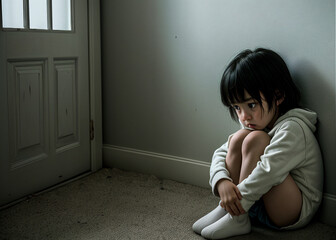 Obraz premium small child in fear, sitting on the floor. 
