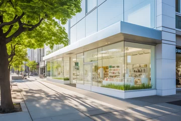 Tapeten Contemporary Pharmacy Building with Clear Window Display on Urban Street. © Pics_With_Love