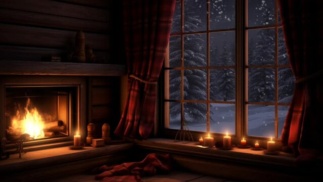 Cozy living room of winter cabin with lit fireplace and snowfall outside the window. seamless looping time-lapse virtual video animation background. Generated with AI