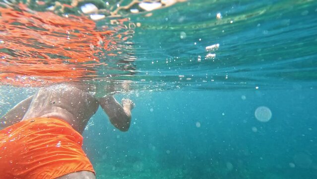 A man swims in the sea. Underwater filming.