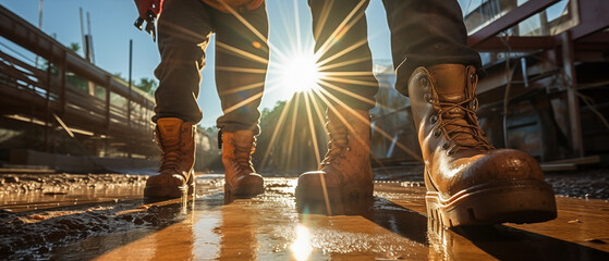Construction Worker's Boots on Site at Sunrise - obrazy, fototapety, plakaty