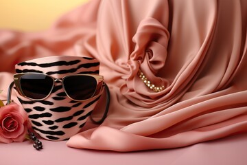 Sunglasses on a stand, next to a rose and pink satin fabric.