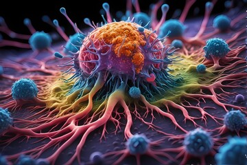 3D rendering of microscopic human and cancer cells on science day background