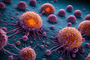 3D rendering of microscopic human and cancer cells on science day background