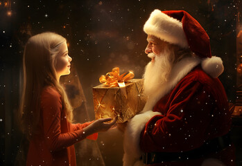 Santa Claus gives a little girl a gift. The atmosphere of a fairy tale, mystery, goodness - 683420775