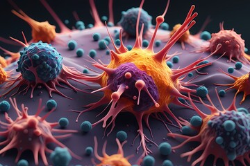 3D rendering of microscopic human and cancer cells on science day background