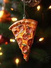 A piece of pizza as a New Year's toy on a Christmas tree