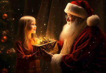 Santa Claus gives a little girl a gift. The atmosphere of a fairy tale, mystery, goodness - 683420983