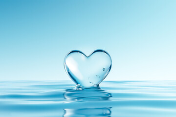 Crystal-clear water droplet shaped like a heart is centered on a calm, reflective water surface under serene blue sky. Concept of purity and themes of health, life, and environmental care. Copy space