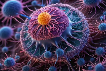 Fototapeta premium 3D rendering of microscopic human and cancer cells on science day background