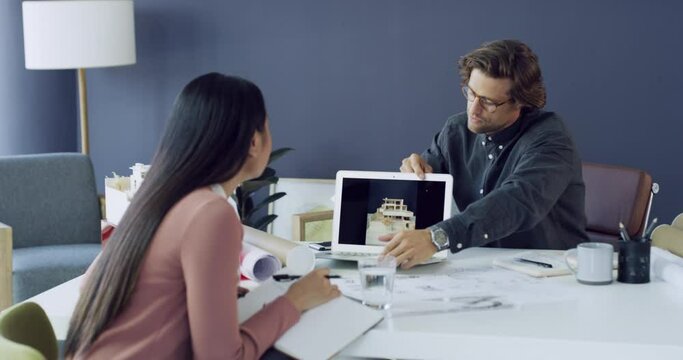 Architecture, planning and of team with laptop, 3d blueprint and ideas for property developer. Civil engineering, teamwork and business people at desk with online strategy, proposal or design pitch