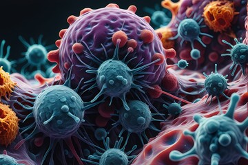 3D rendering of microscopic human and cancer cells on science day background