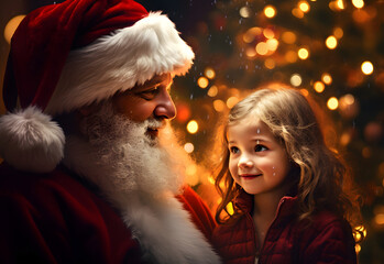 Santa Claus looks and talks to a little girl about a magical gift. The atmosphere of a fairy tale, mystery, goodness - 683421519
