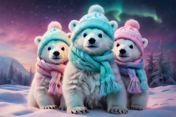  family of white polar bears in hats on winter background