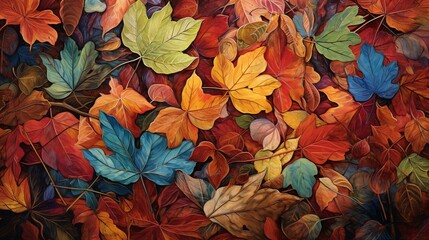 A mosaic of autumn leaves covering a forest floor, a celebration of colors and textures.