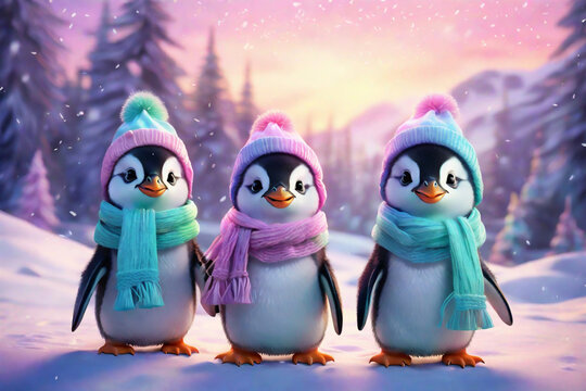 penguin family in hats on winter background