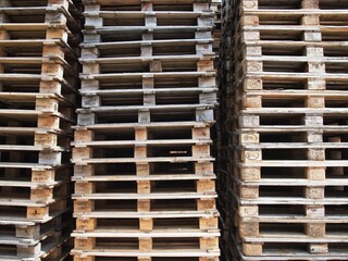 Wooden pallets for transporting goods, front view, close up