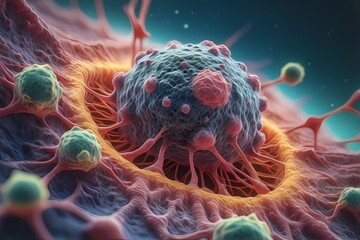 3D rendering of microscopic human and cancer cells on science day background - obrazy, fototapety, plakaty