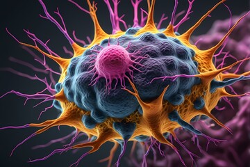 3D rendering of microscopic human and cancer cells on science day background 