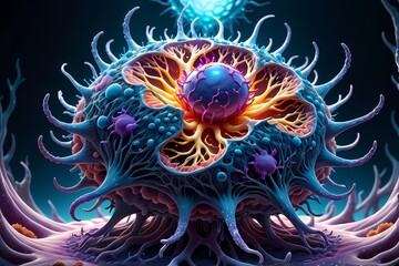 3D rendering of microscopic human and cancer cells on science day background 